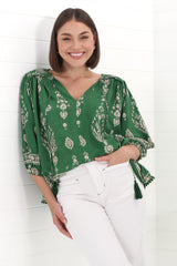 JAASE - Rue Top: V Neck Smock Top with Crochet Trim in Kiva Print