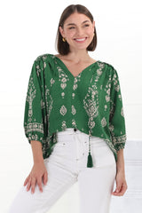 JAASE - Rue Top: V Neck Smock Top with Crochet Trim in Kiva Print