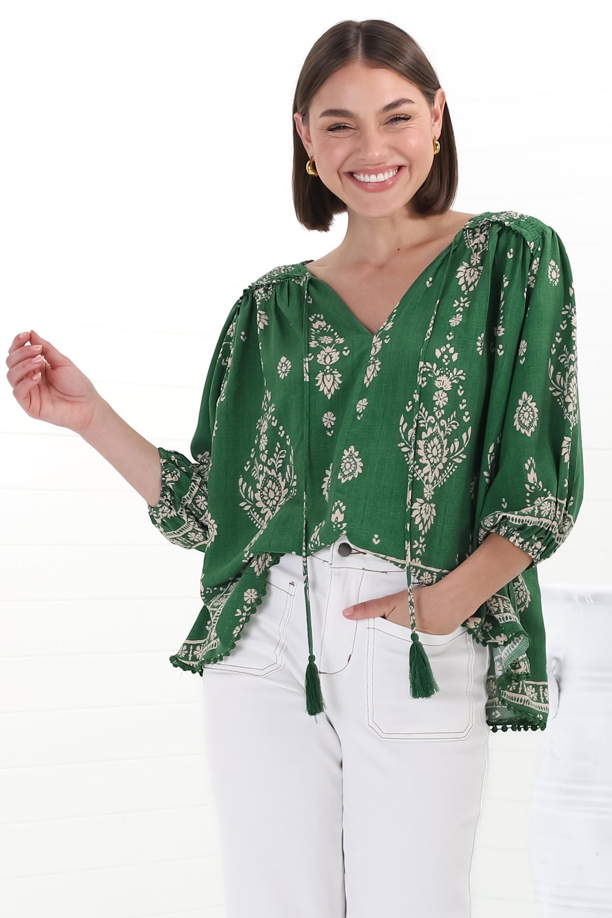 JAASE - Rue Top: V Neck Smock Top with Crochet Trim in Kiva Print