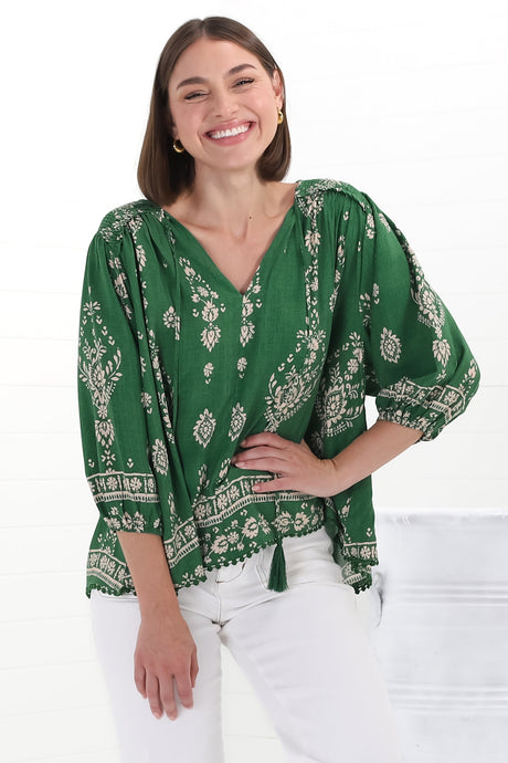 JAASE - Rue Top: V Neck Smock Top with Crochet Trim in Kiva Print