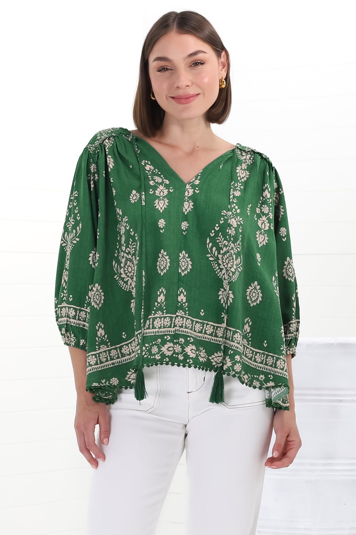 JAASE - Rue Top: V Neck Smock Top with Crochet Trim in Kiva Print