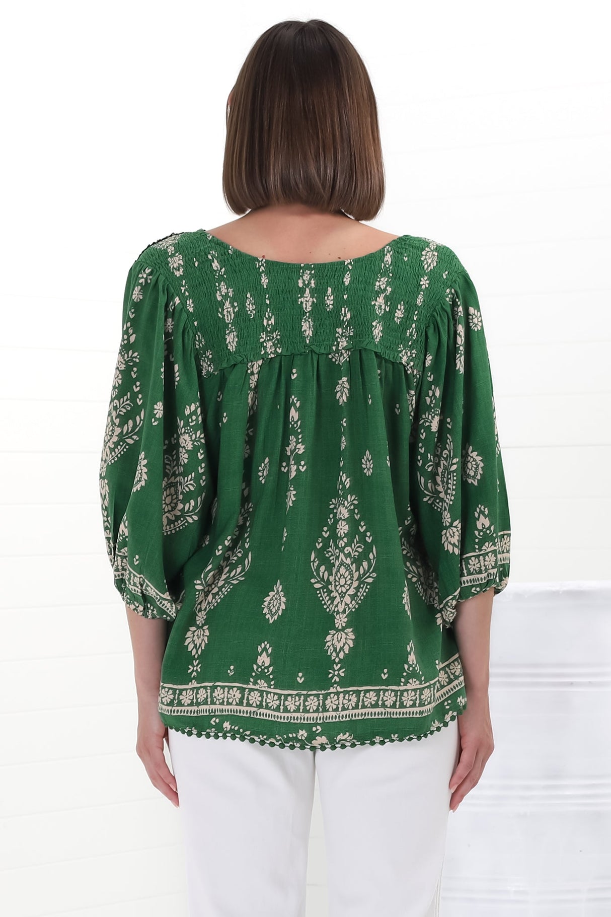 JAASE - Rue Top: V Neck Smock Top with Crochet Trim in Kiva Print