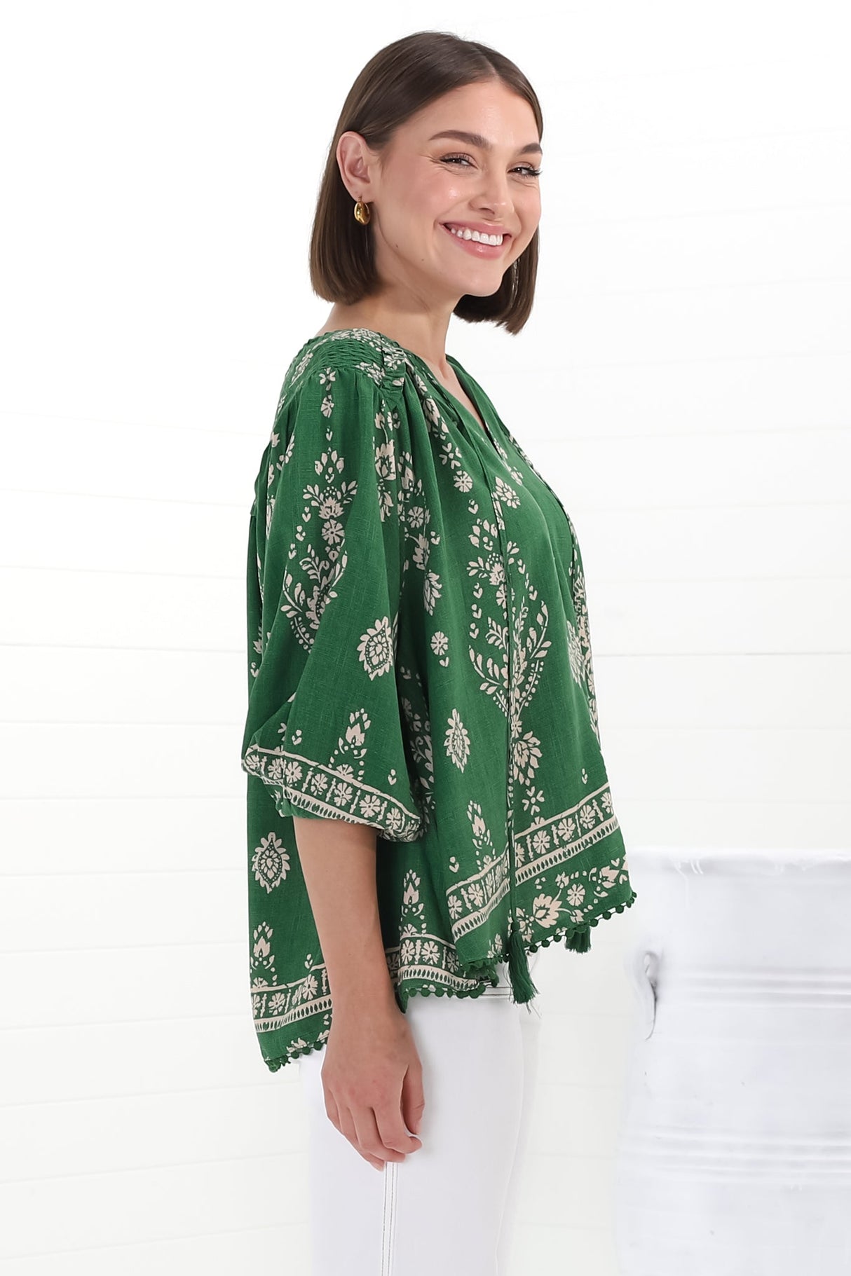 JAASE - Rue Top: V Neck Smock Top with Crochet Trim in Kiva Print