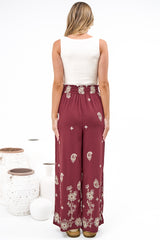 Rueben Pants - High Waisted Lined Wide Leg Pants with Pockets in Solenne Print Burgundy