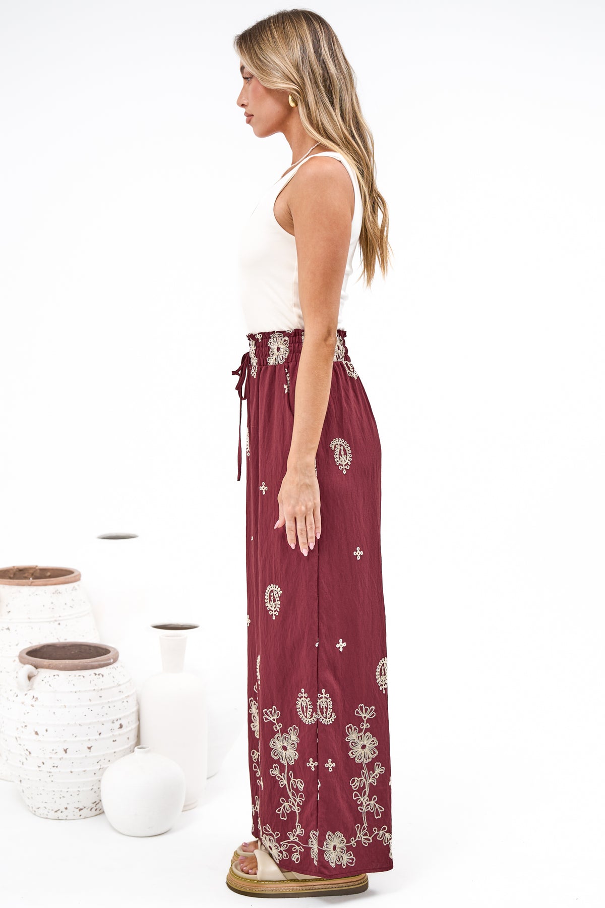 Rueben Pants - High Waisted Lined Wide Leg Pants with Pockets in Solenne Print Burgundy