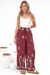 Rueben Pants - High Waisted Lined Wide Leg Pants with Pockets in Solenne Print Burgundy