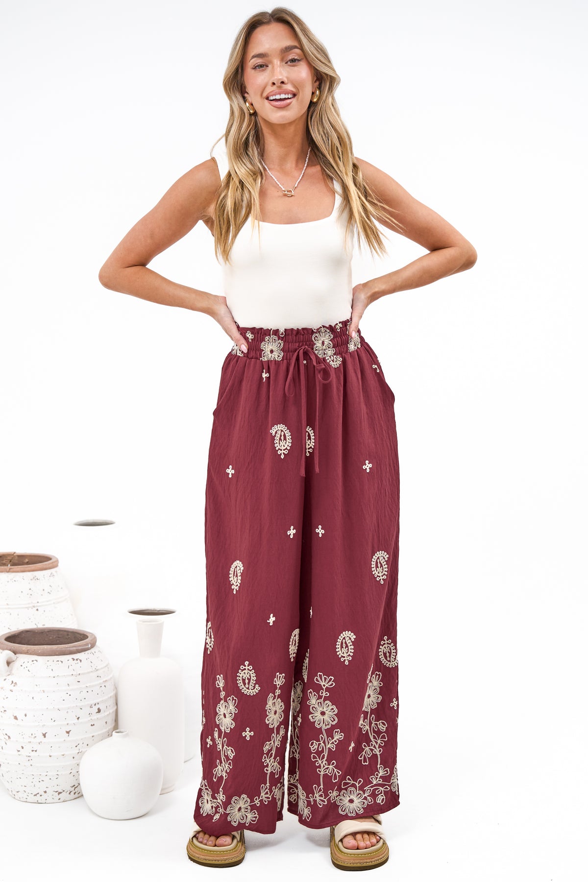 Rueben Pants - High Waisted Lined Wide Leg Pants with Pockets in Solenne Print Burgundy