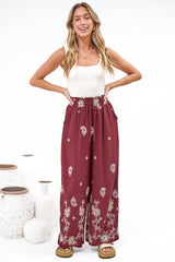 Rueben Pants - High Waisted Lined Wide Leg Pants with Pockets in Solenne Print Burgundy