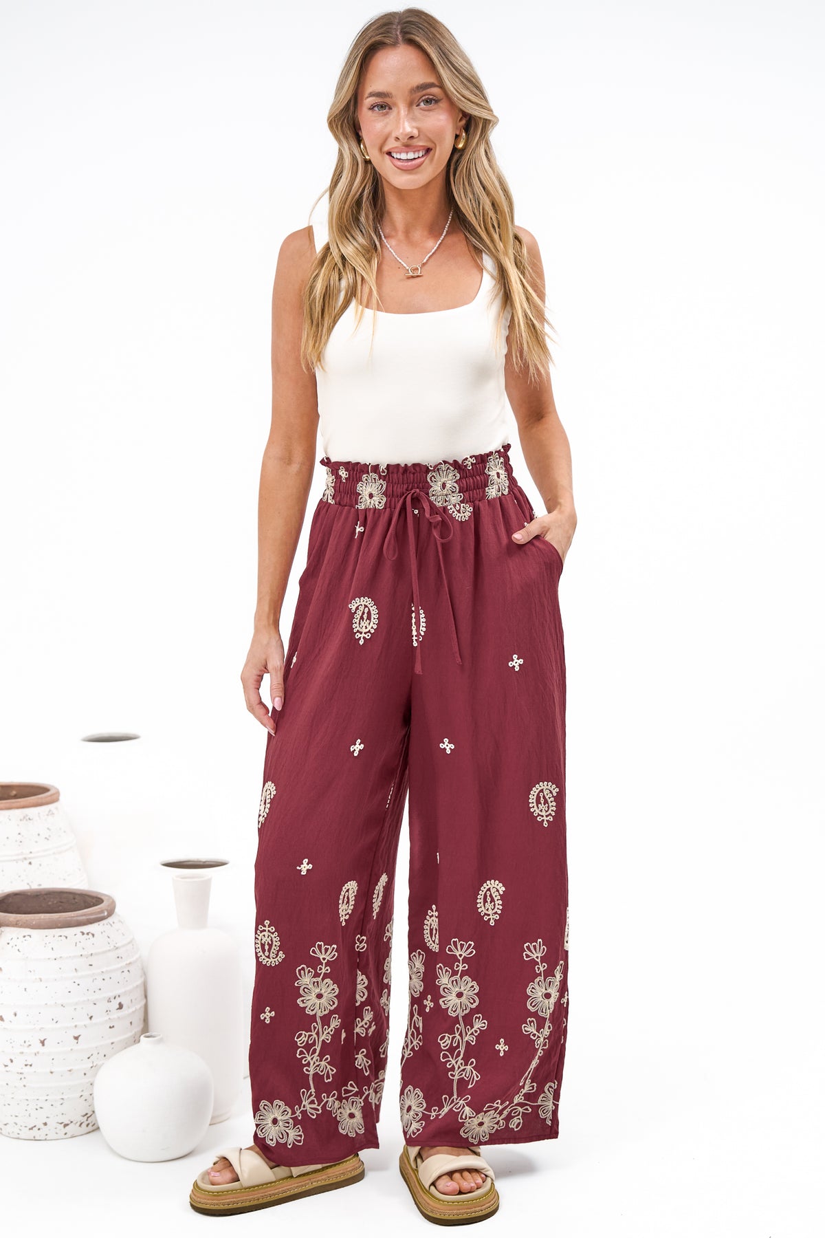 Rueben Pants - High Waisted Lined Wide Leg Pants with Pockets in Solenne Print Burgundy