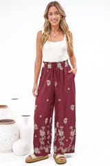 Rueben Pants - High Waisted Lined Wide Leg Pants with Pockets in Solenne Print Burgundy