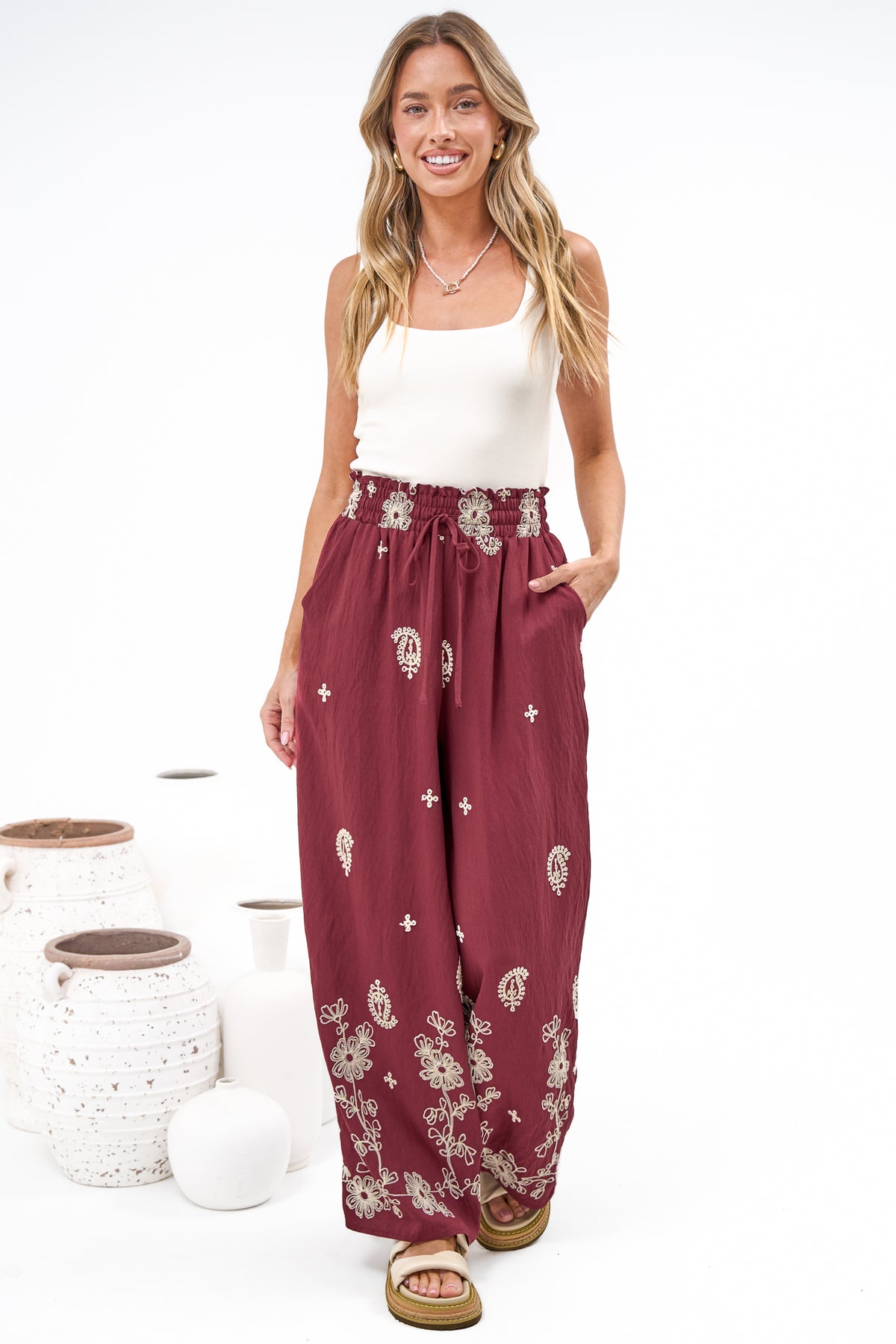 Rueben Pants - High Waisted Lined Wide Leg Pants with Pockets in Solenne Print Burgundy