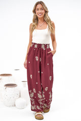 Rueben Pants - High Waisted Lined Wide Leg Pants with Pockets in Solenne Print Burgundy