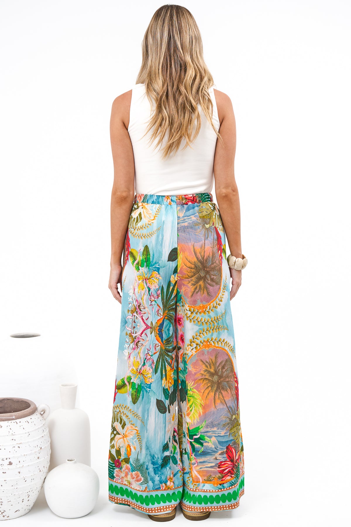 Rune Pants - High Waisted Wide Leg Pants with Elasticated Waistband and Pockets in Moanella Print