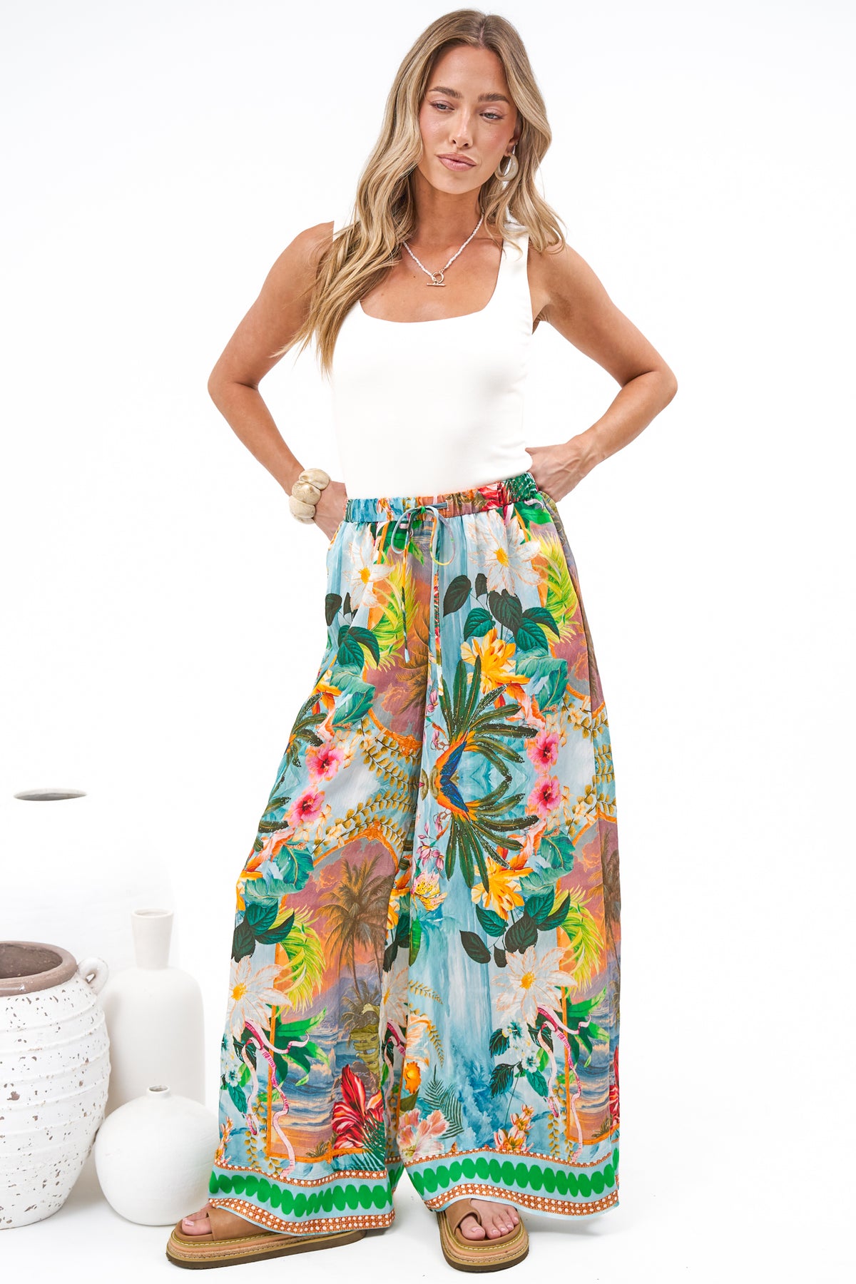 Rune Pants - High Waisted Wide Leg Pants with Elasticated Waistband and Pockets in Moanella Print