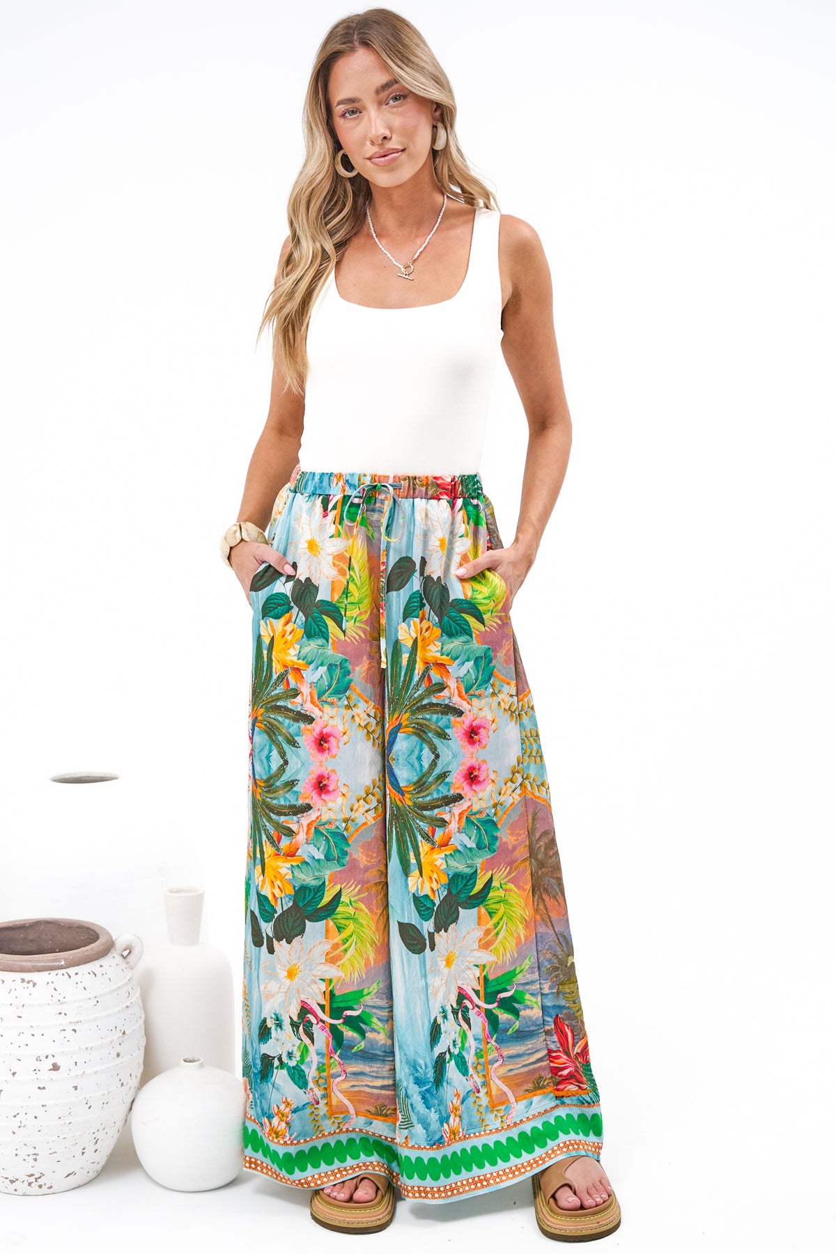 Rune Pants - High Waisted Wide Leg Pants with Elasticated Waistband and Pockets in Moanella Print