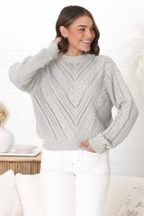 Ruthie Knit Top - Pom Pom Open Knit Decal Jumper in Grey