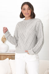 Ruthie Knit Top - Pom Pom Open Knit Decal Jumper in Grey