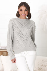 Ruthie Knit Top - Pom Pom Open Knit Decal Jumper in Grey