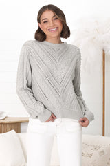 Ruthie Knit Top - Pom Pom Open Knit Decal Jumper in Grey