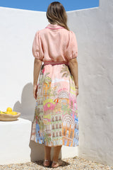 Ruva Midi Dress - Collared Shirt Dress with Short Balloon Sleeves in Tullia Print