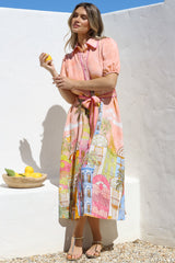 Ruva Midi Dress - Collared Shirt Dress with Short Balloon Sleeves in Tullia Print