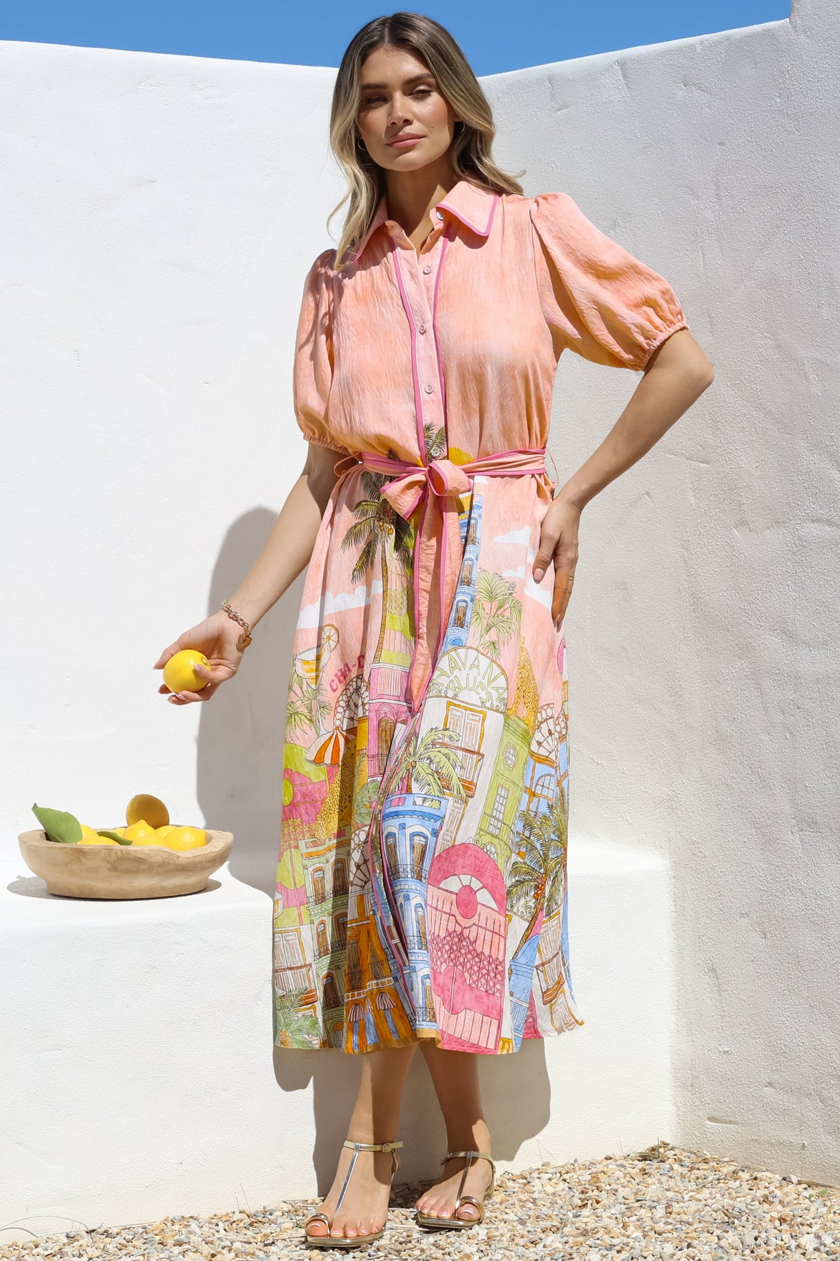 Ruva Midi Dress - Collared Shirt Dress with Short Balloon Sleeves in Tullia Print