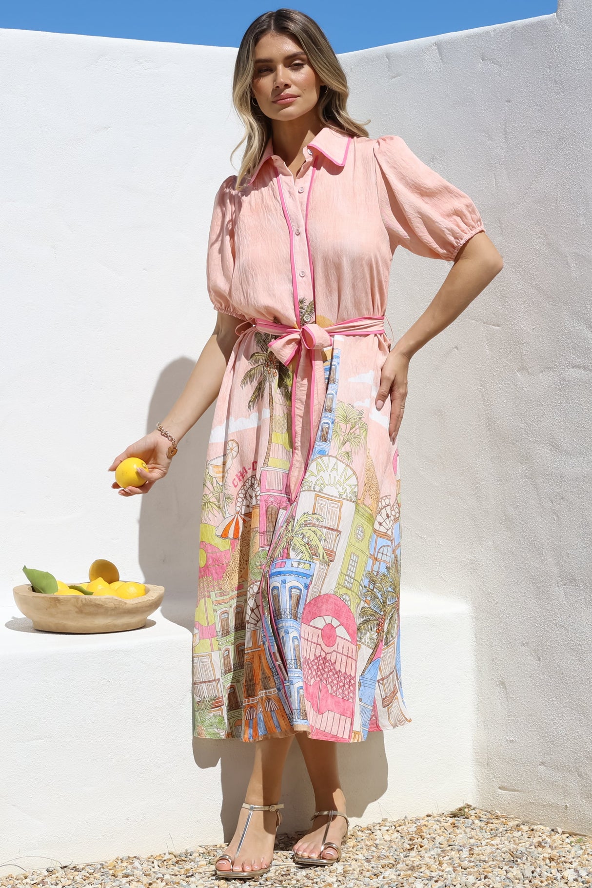 Ruva Midi Dress - Collared Shirt Dress with Short Balloon Sleeves in Tullia Print