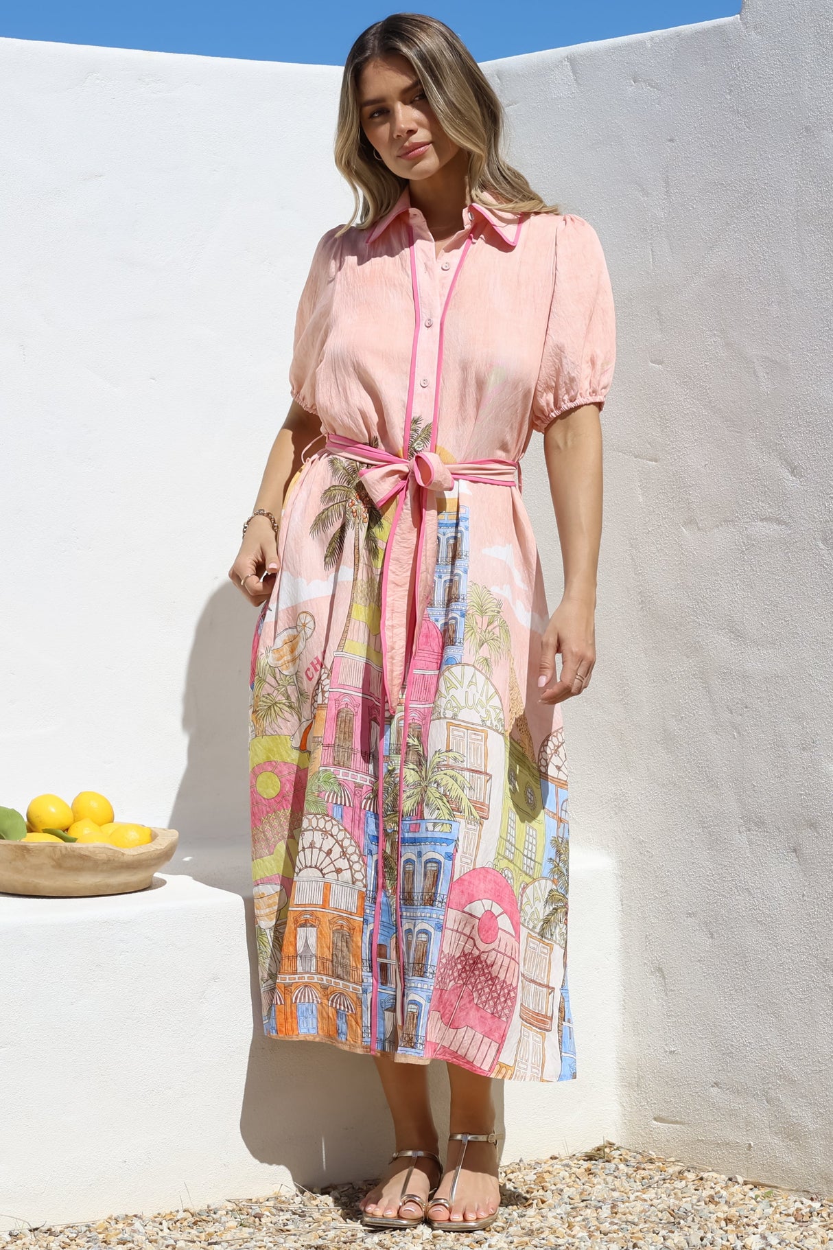 Ruva Midi Dress - Collared Shirt Dress with Short Balloon Sleeves in Tullia Print