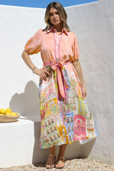 Ruva Midi Dress - Collared Shirt Dress with Short Balloon Sleeves in Tullia Print
