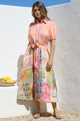 Ruva Midi Dress - Collared Shirt Dress with Short Balloon Sleeves in Tullia Print