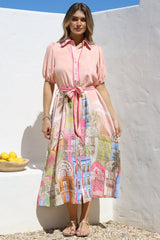 Ruva Midi Dress - Collared Shirt Dress with Short Balloon Sleeves in Tullia Print