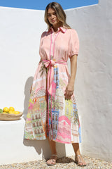 Ruva Midi Dress - Collared Shirt Dress with Short Balloon Sleeves in Tullia Print