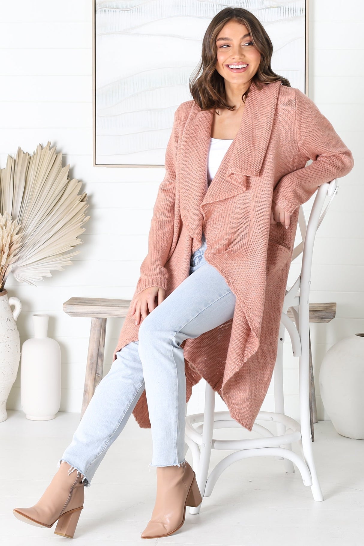 Ryden Cardigan - Thick Lapel Waterfall Collar Cardigan with Pockets in Blush