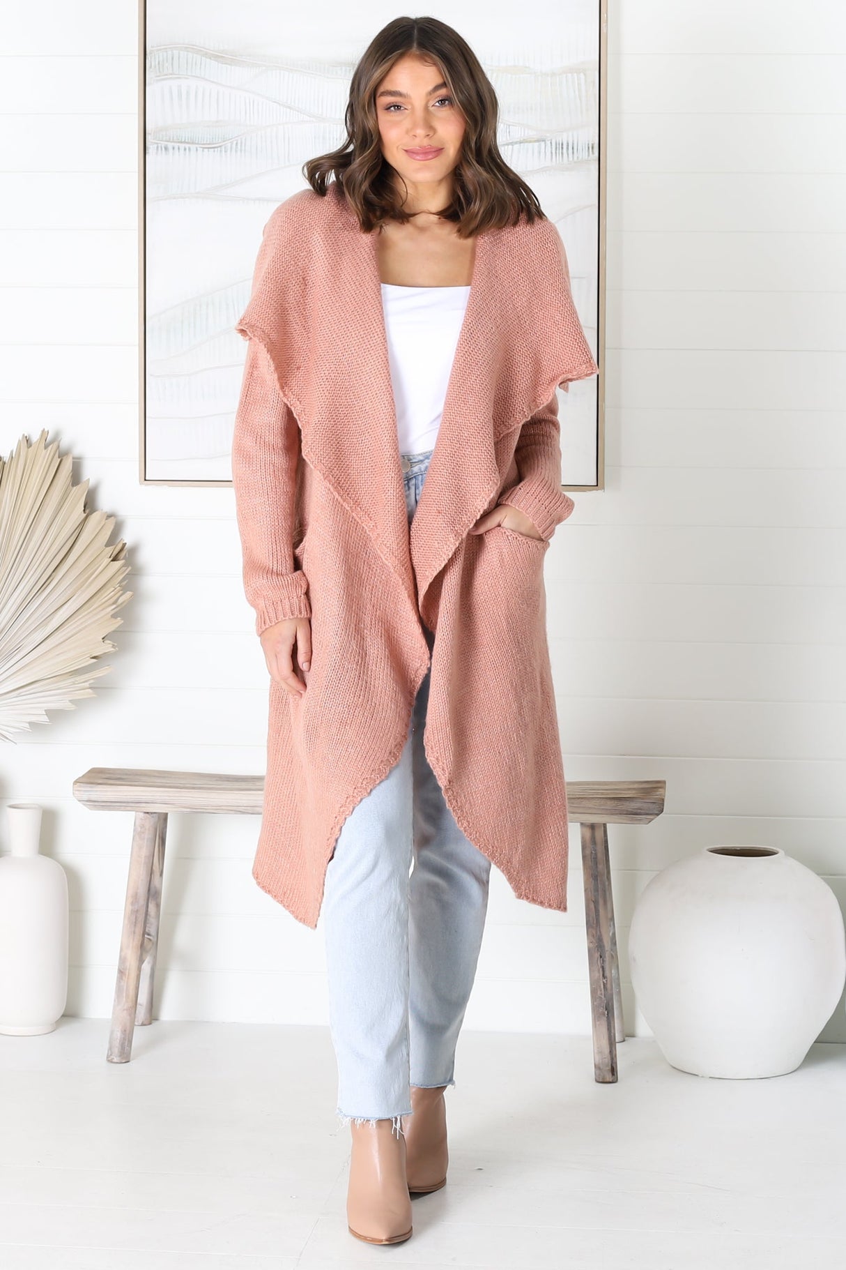 Ryden Cardigan - Thick Lapel Waterfall Collar Cardigan with Pockets in Blush