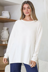 Rylee Jumper - Crew Neck Long Sleeve Pullover with Side Splits in Cream