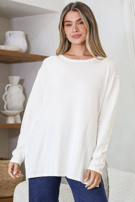 Rylee Jumper - Crew Neck Long Sleeve Pullover with Side Splits in Cream