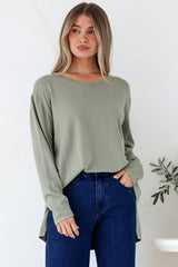 Rylee Jumper - Crew Neck Long Sleeve Pullover with Side Splits in Olive