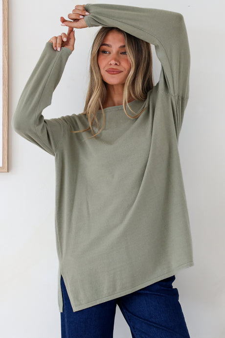 Rylee Jumper - Crew Neck Long Sleeve Pullover with Side Splits in Olive