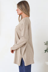 Rylee Jumper - Crew Neck Long Sleeve Pullover with Side Splits in Taupe