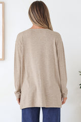 Rylee Jumper - Crew Neck Long Sleeve Pullover with Side Splits in Taupe