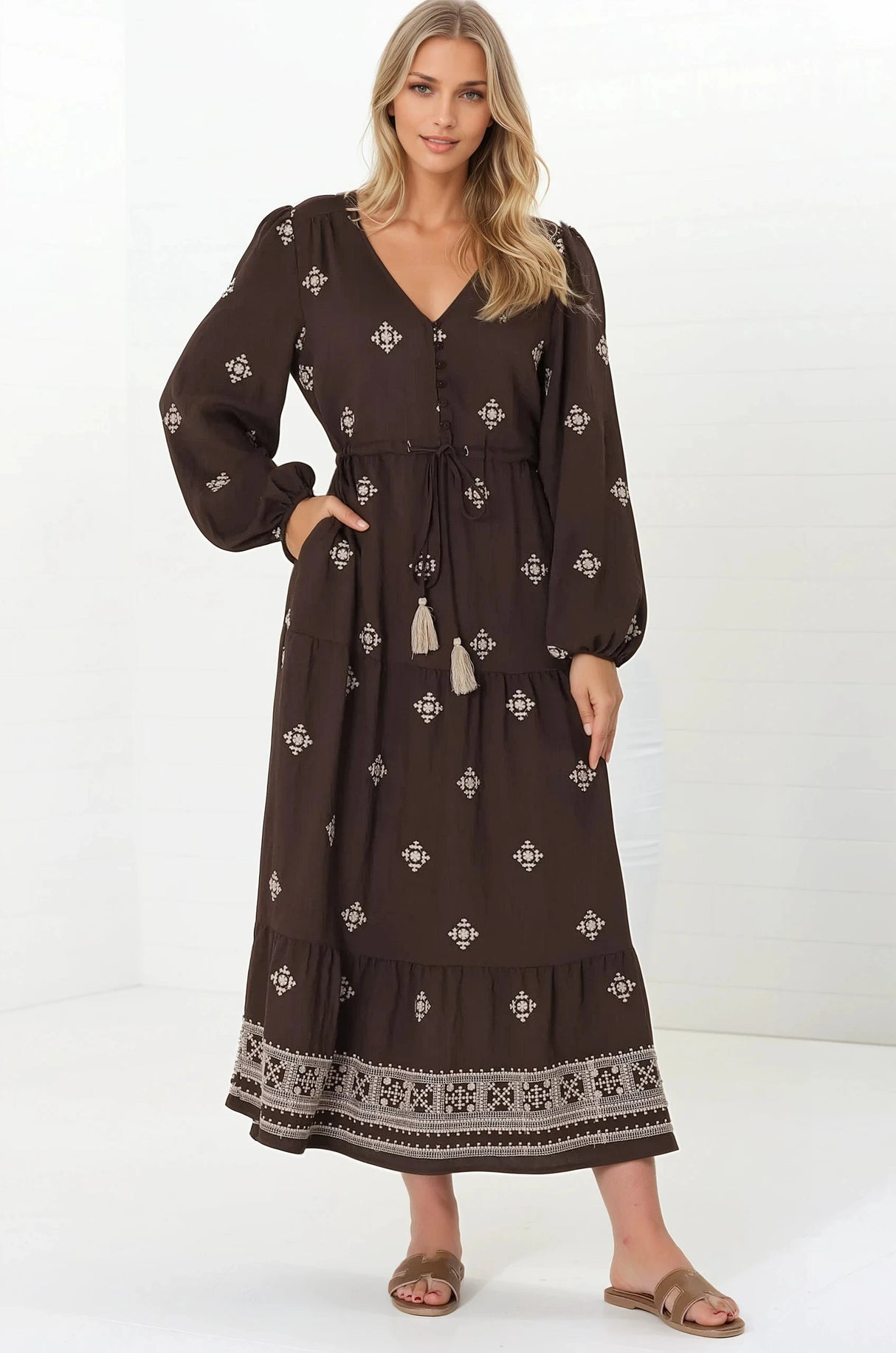 Rylie Maxi Dress - Embroidered Long Sleeve Dress with Pull Tie Waist in Vesper Print Brown