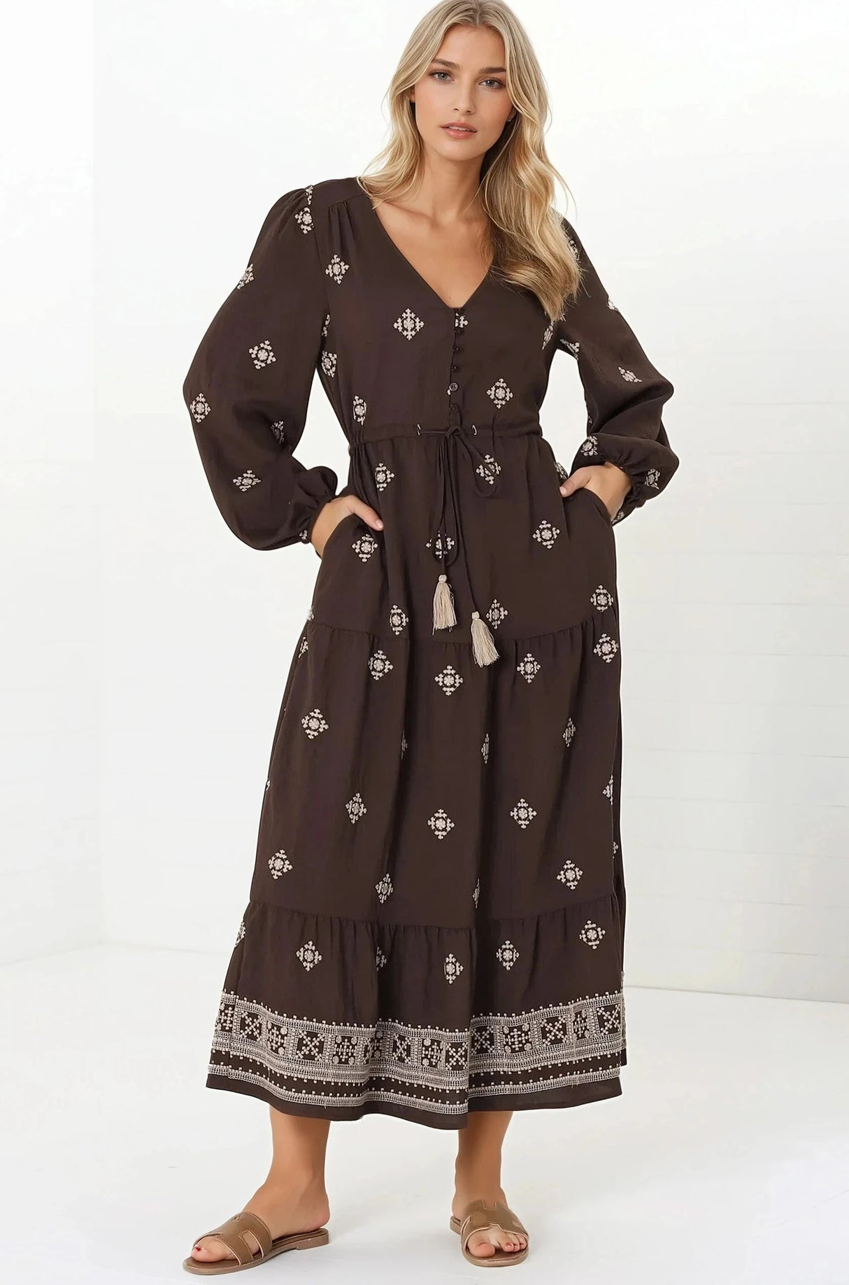 Rylie Maxi Dress - Embroidered Long Sleeve Dress with Pull Tie Waist in Vesper Print Brown