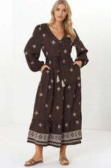 Rylie Maxi Dress - Embroidered Long Sleeve Dress with Pull Tie Waist in Vesper Print Brown