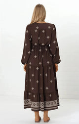 Rylie Maxi Dress - Embroidered Long Sleeve Dress with Pull Tie Waist in Vesper Print Brown