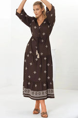 Rylie Maxi Dress - Embroidered Long Sleeve Dress with Pull Tie Waist in Vesper Print Brown