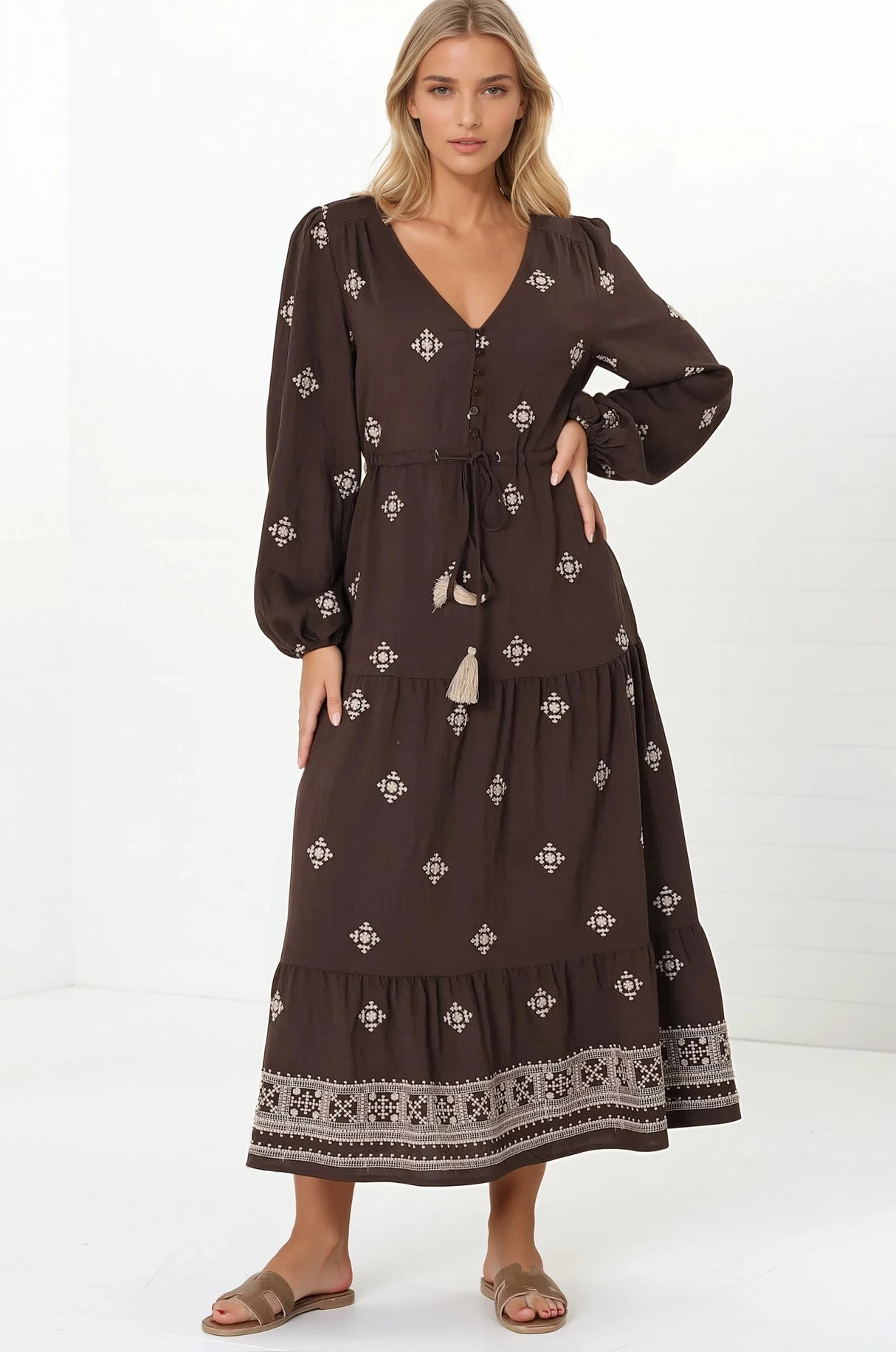 Rylie Maxi Dress - Embroidered Long Sleeve Dress with Pull Tie Waist in Vesper Print Brown