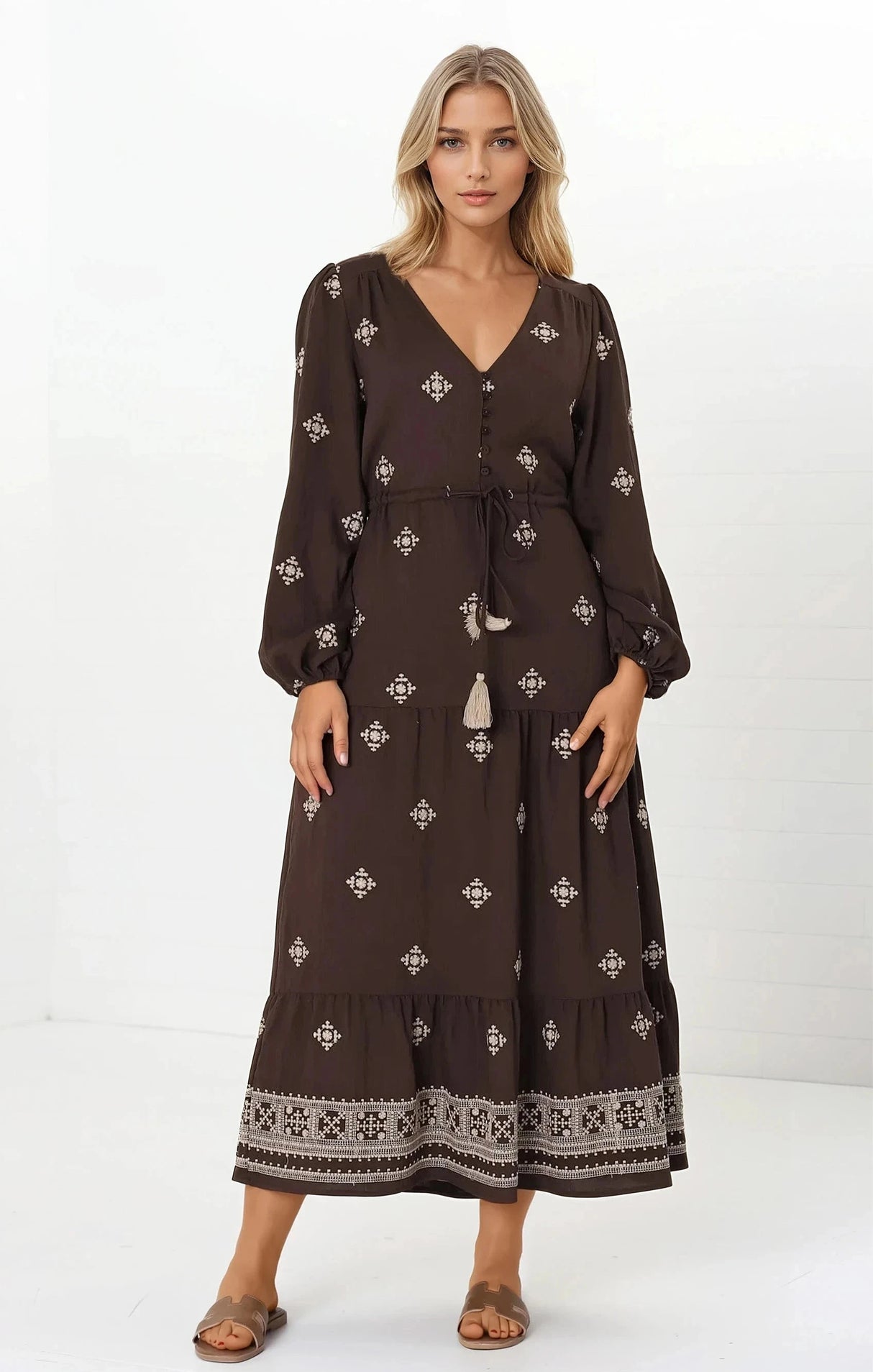 Rylie Maxi Dress - Embroidered Long Sleeve Dress with Pull Tie Waist in Vesper Print Brown