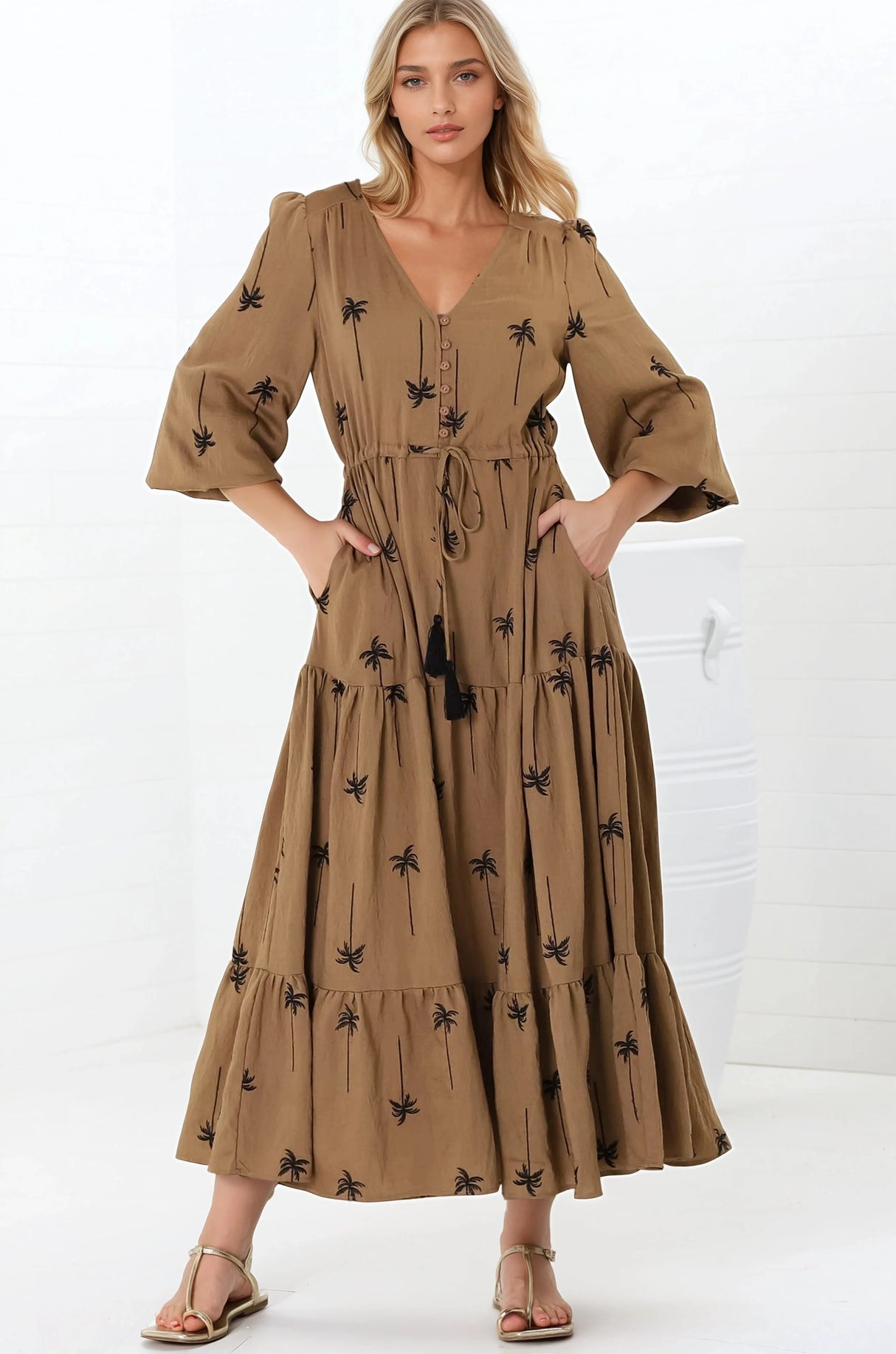 Rylie Maxi Dress - Embroidered Long Sleeve Dress with Pull Tie Waist in Palm Print Camel