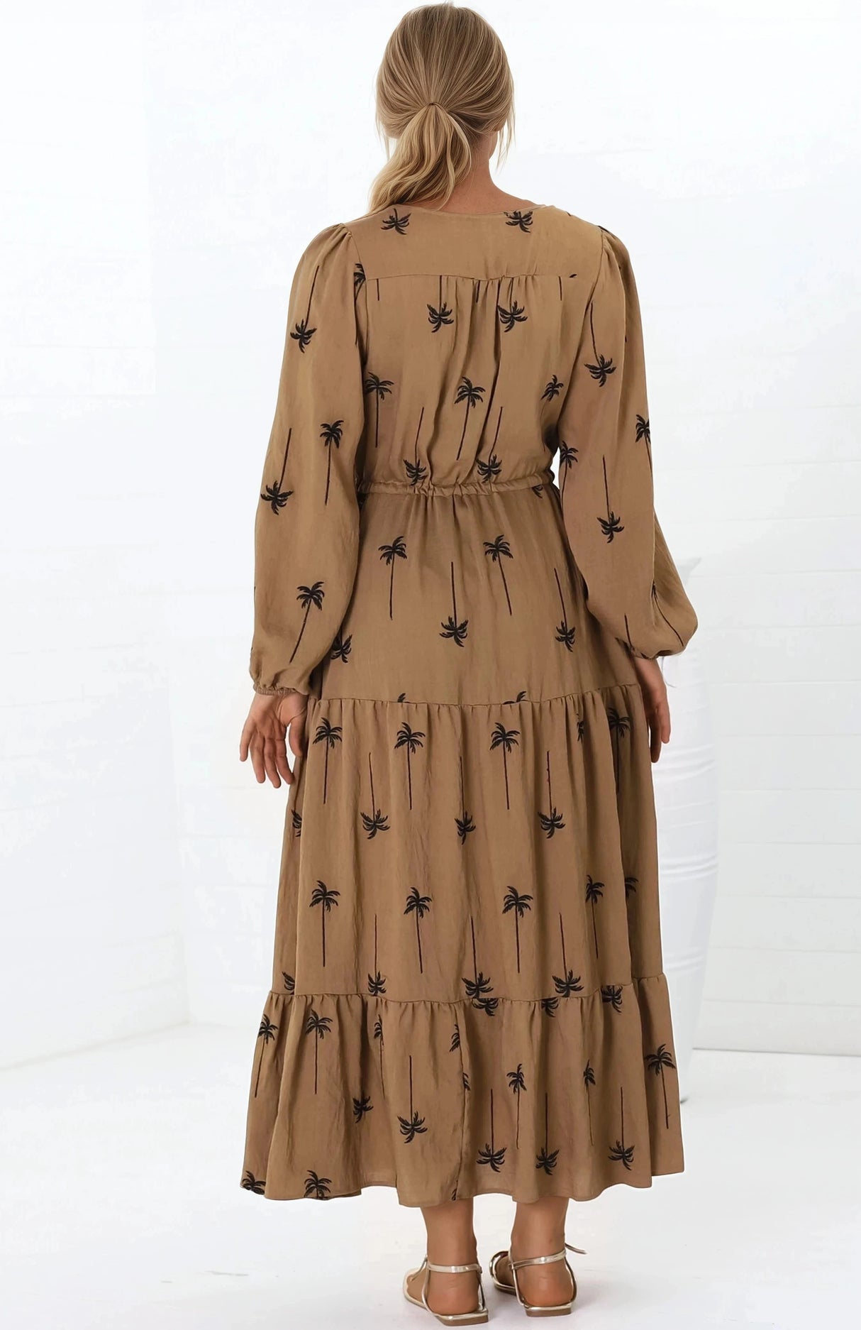 Rylie Maxi Dress - Embroidered Long Sleeve Dress with Pull Tie Waist in Palm Print Camel
