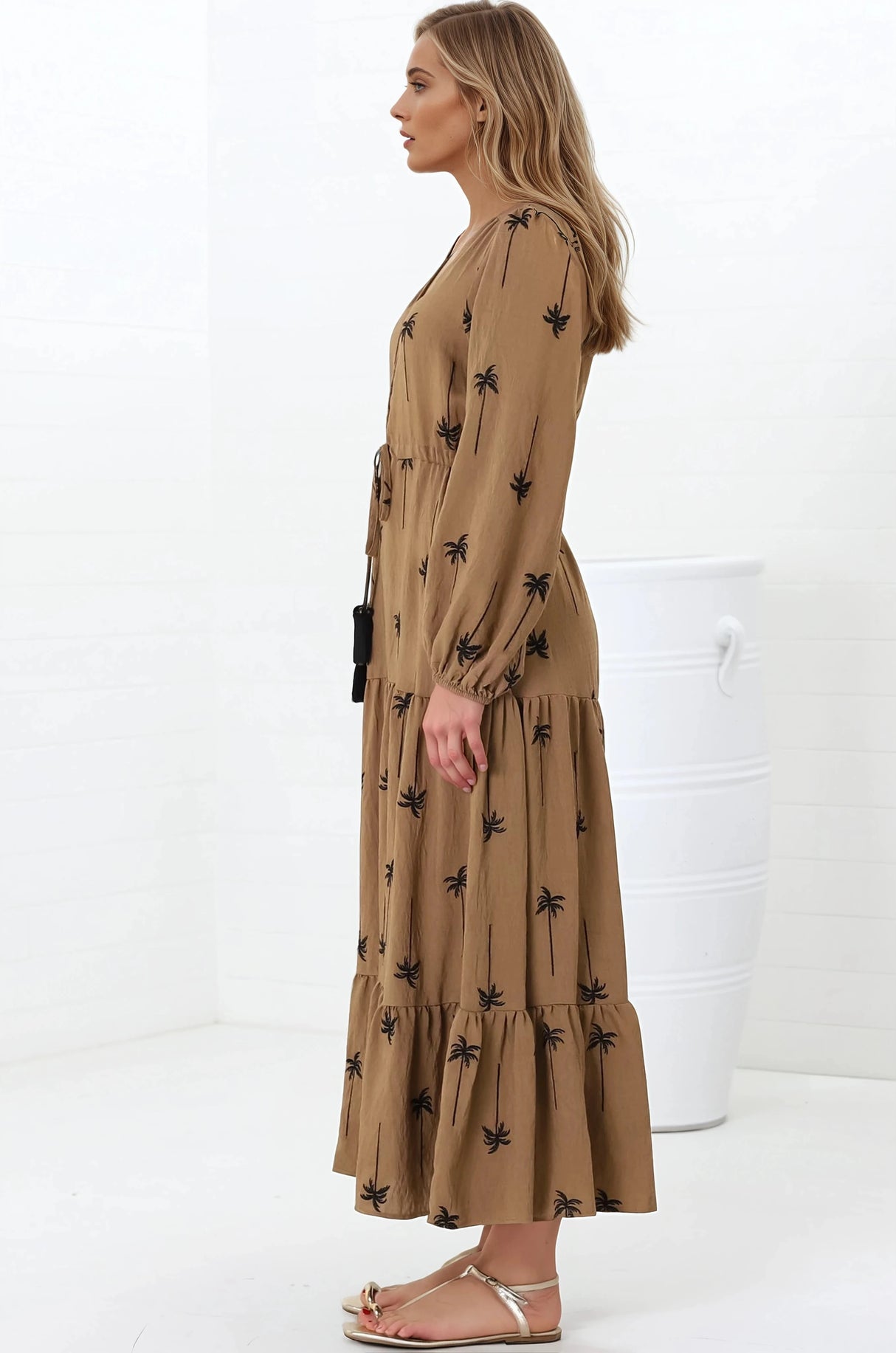 Rylie Maxi Dress - Embroidered Long Sleeve Dress with Pull Tie Waist in Palm Print Camel